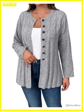 Plus Size Cable Knit Button Down Cardigan Crew Neck Knitted Sweater